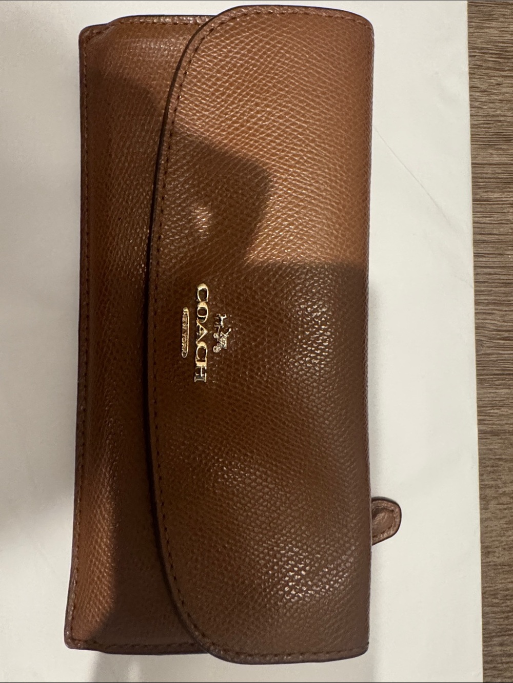 Coach Pebbled Leather Continental Wallet in Brown with Gold Logo